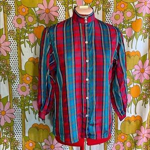 Vintage 60s Metallic Plaid Balloon Sleeve Christmas Blouse